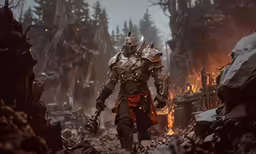 an elder warhammer in a forest with lots of burned trees