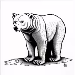 an adult polar bear standing on a rock,an image of a polar bear in the wild,this is an illustration of the polar bear with a large black and white stroke,a drawing of a polar bear,a black and white drawing of a bear on the ice