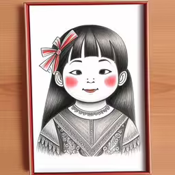 a wooden frame holds a painting of a little girl with long hair and red eyes,a drawing of a girl with an red bow in her hair