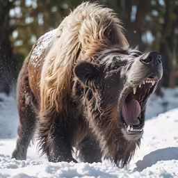 a bear shows its teeth while in the snow