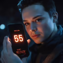 a man holding up his phone displaying the screen with the number 55 on it