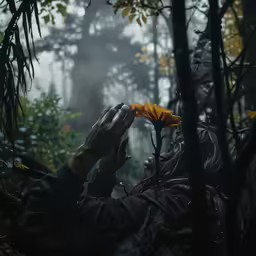 a man that is kneeling down in the forest