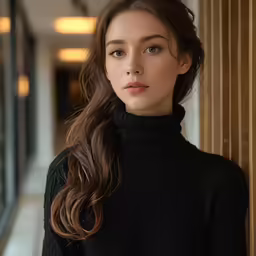 the young woman is posing near a wall