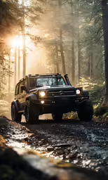 a jeep is driving along a trail through a forest