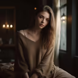 a beautiful woman with long hair sitting in front of a window