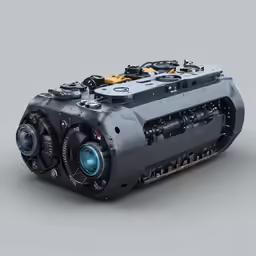 a grey and blue camera with gears
