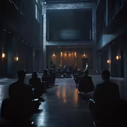 group of men sitting on chairs in an otherwise empty office building