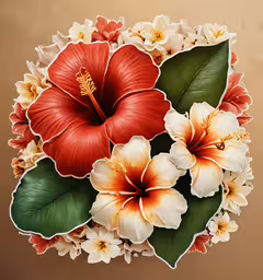 red and white hibis flowers with green leaves,three large flowered plants sit in the center of the image