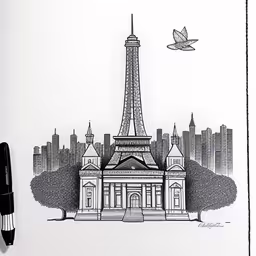 a drawing with a pen and scissors in it,drawing of the eiffel tower and a bird in paris