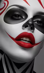 woman in makeup and colorful make up has painted on her face
