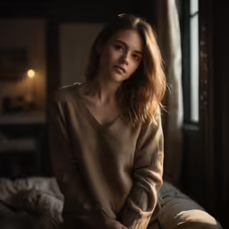 a woman sitting in bed with her arm folded out
