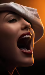a beautiful woman in a hat screaming at something