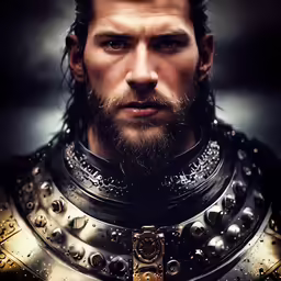 a man with a beard and wearing armor