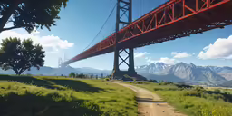 the suspension bridge is over looking some mountains