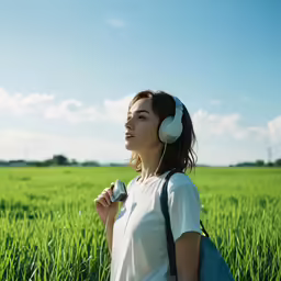 a woman is holding headphones and standing in a field