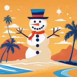 a snowman standing on a sandy beach with palm trees,a painting of a snow man in the beach