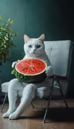 a white cat is holding up a slice of watermelon