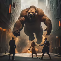 some people are walking in a street with a giant bear