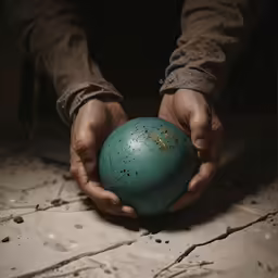 a man holding a ball with dirt on it