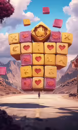 a person riding a motorcycle on the street in front of a big structure of candy cubes