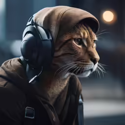 a cat wearing headphones and hoodie looking off to the side