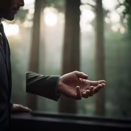 an individual wearing a suit is standing in the woods holding out his hands