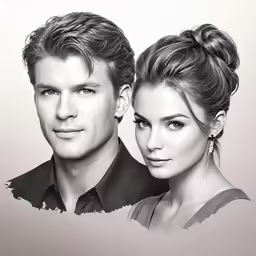 an illustration of a man and woman with hair in pony tails