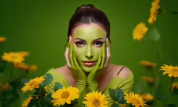 a woman is surrounded by yellow flowers and has her hands on her face
