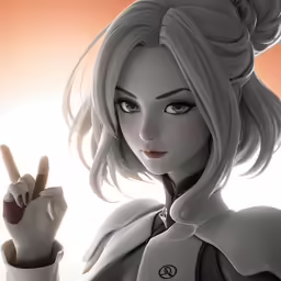 the character has a finger up and points to her left