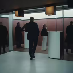 people stand in the elevator of a building