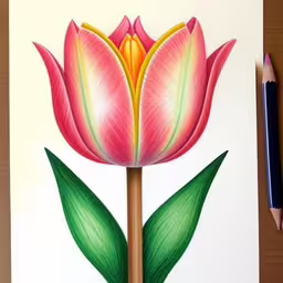 a drawing of a pink and yellow flower on a paper,an image of a colorful flower painted on paper,a pink flower painted on white paper with a pencil,a drawing of a flower and green leaf,a pink flower with green leaves painted on a sheet of paper