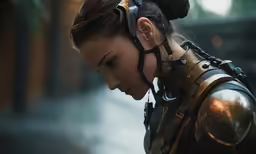 a woman with a helmet on is standing near the water