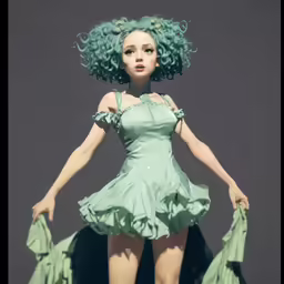 a green colored doll is dancing in the air