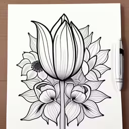 the drawing depicts a large white flower surrounded by smaller flowered petals,a black and white drawing of flowers