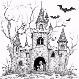 the castle coloring page with bats in it