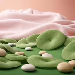 several stones in a pile on a green surface