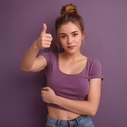 young girl giving thumbs up next to a purple wall