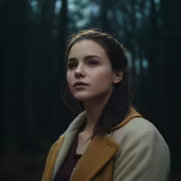 a woman in a brown jacket standing in the woods
