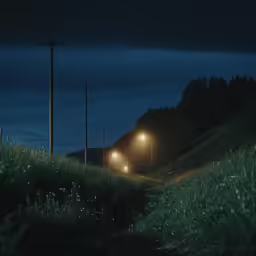 three street lights with dark cloudy skies behind