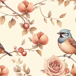 a colorful bird sits on a branch with a rose