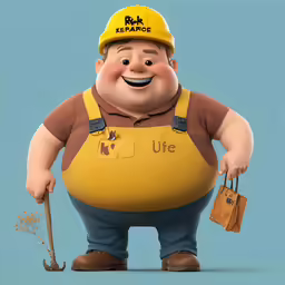 a fat guy with an orange hat and brown overalls and holding a cane