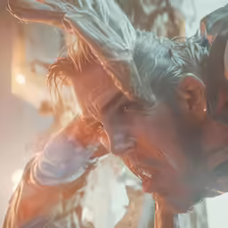 a male character has his eyes closed, and hair blowing in the wind