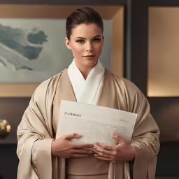 a woman in a white kimono holding a note with her hand on her hips