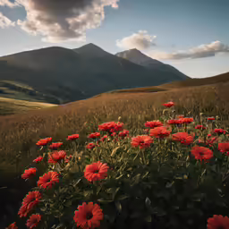 large field of flowers in the foreground and mountains in the background