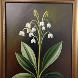 oil painting of some flowers on the side of a wall,painting of flowers with green stems and leaves,a painting of a bouquet of white flowers,a painting of white flowers is in a gold frame,an oil painting on canvas depicting lily of the valley