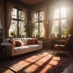 a living room with large windows and some plants