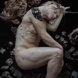 a female body covered in mud sitting on rocks