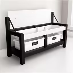 a bench has baskets underneath it on it