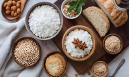 rice, almonds and other ingredients for the recipe are scattered on a table