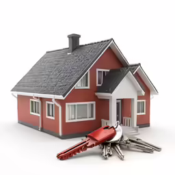 a house, keys and red model house on a white background